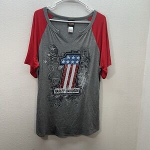 Harley Davidson T Shirt Top Rhinestone American Flag Red White Blue Womens XL
